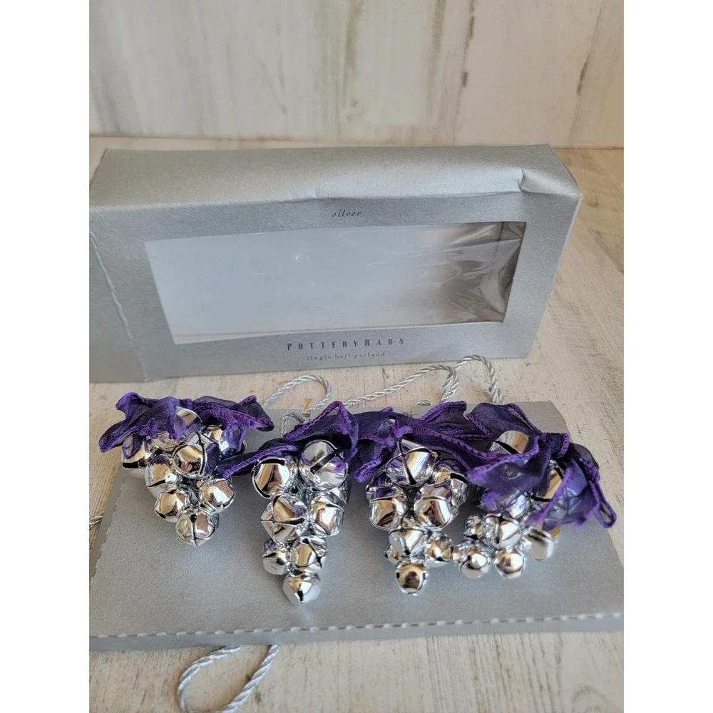 Pottery Barn mini cluster jingle bells RARE mini silver ornament Xmas set